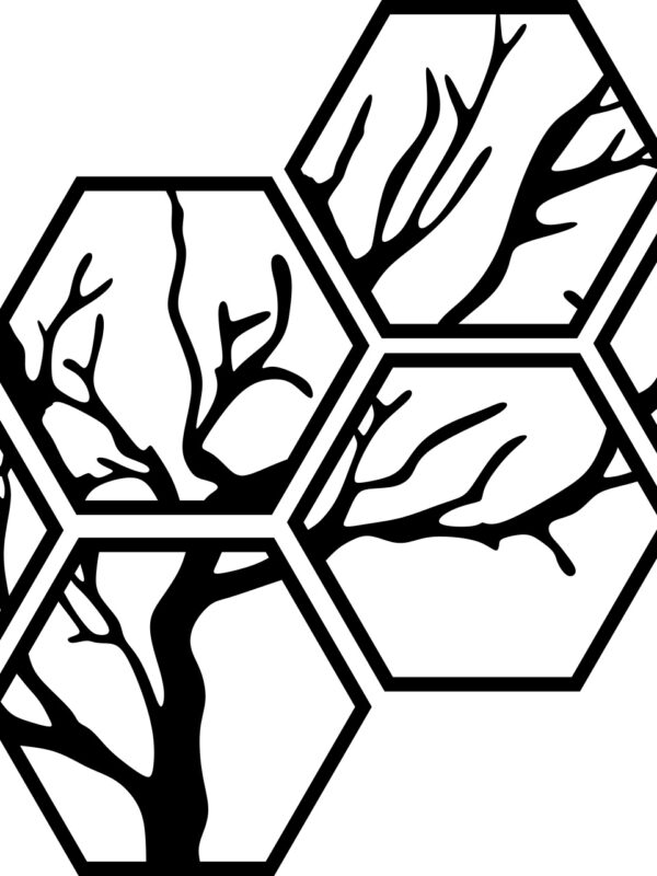 arbolx6 SSDECO.es | Cuadro Decorativo Hexagonal Árbol Minimalista - 130x90 cm - Arte de Pared en Madera MDF Negra